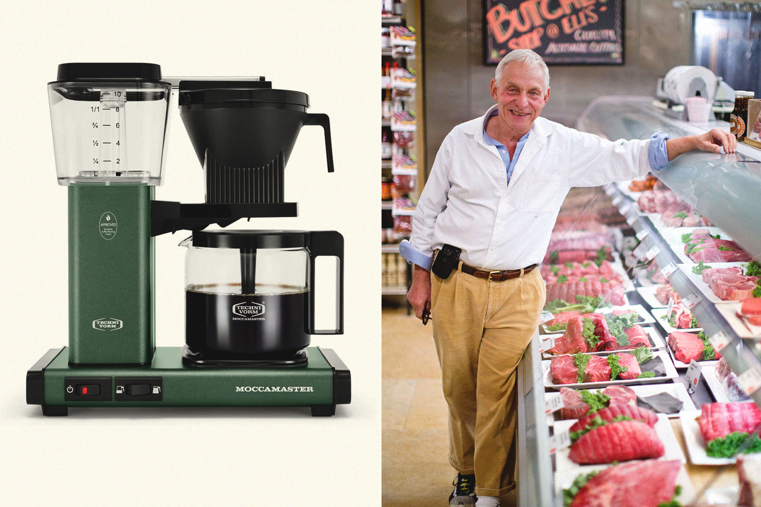 Left: A green Moccamaster coffee maker. Right: Eli Zabar stands in front of a deli display.