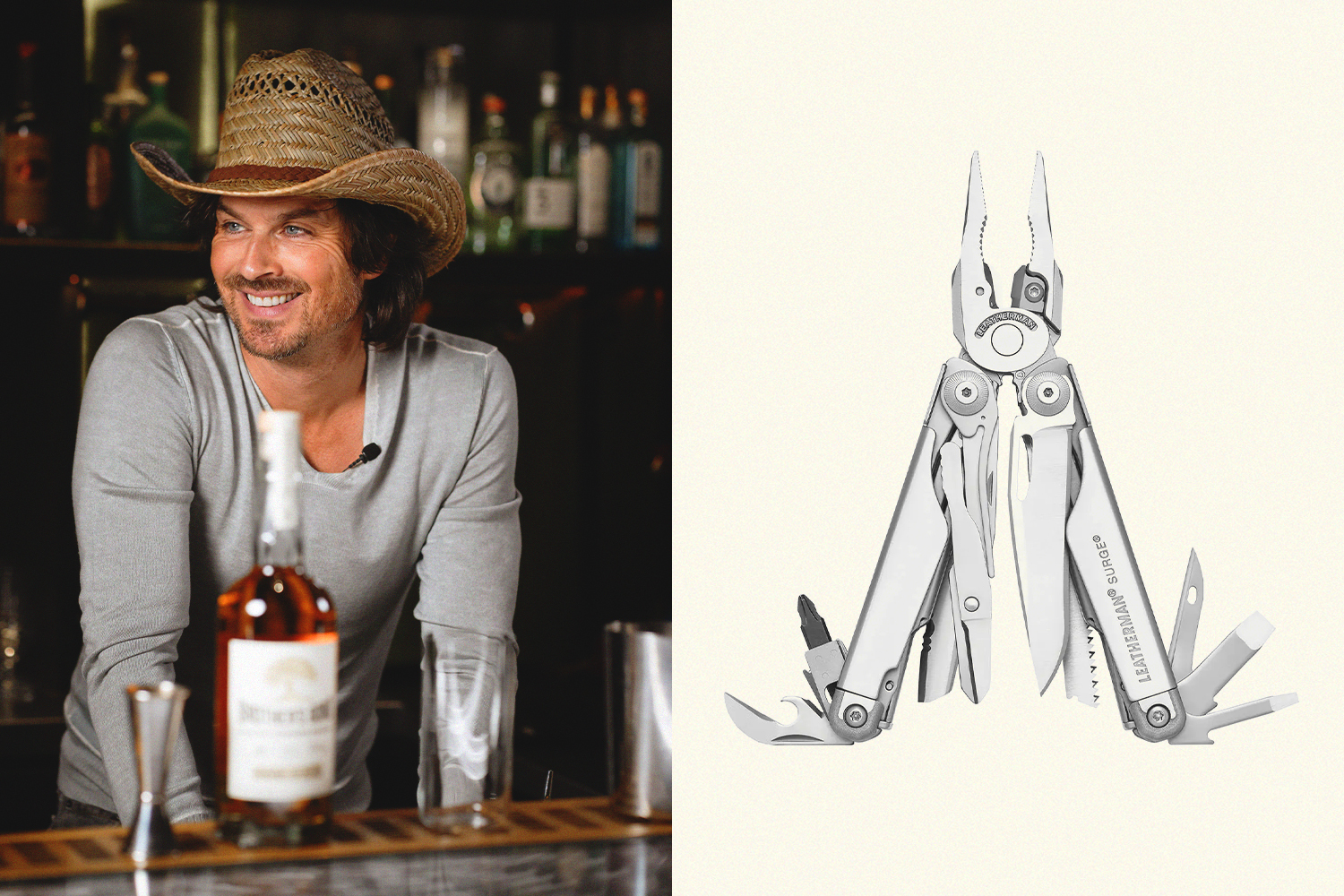 Left: Ian Somerhalder, co-founder of Brother's Bond Bourbon. Right: a multitool from Leatherman.