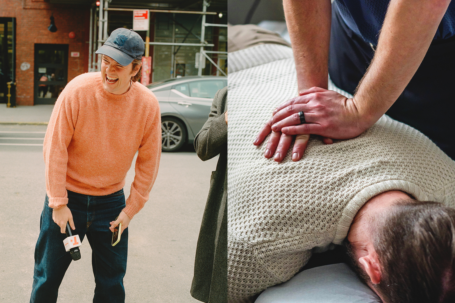 Left: Jack Coyne, host of Track Star. Right: a man getting a massage.