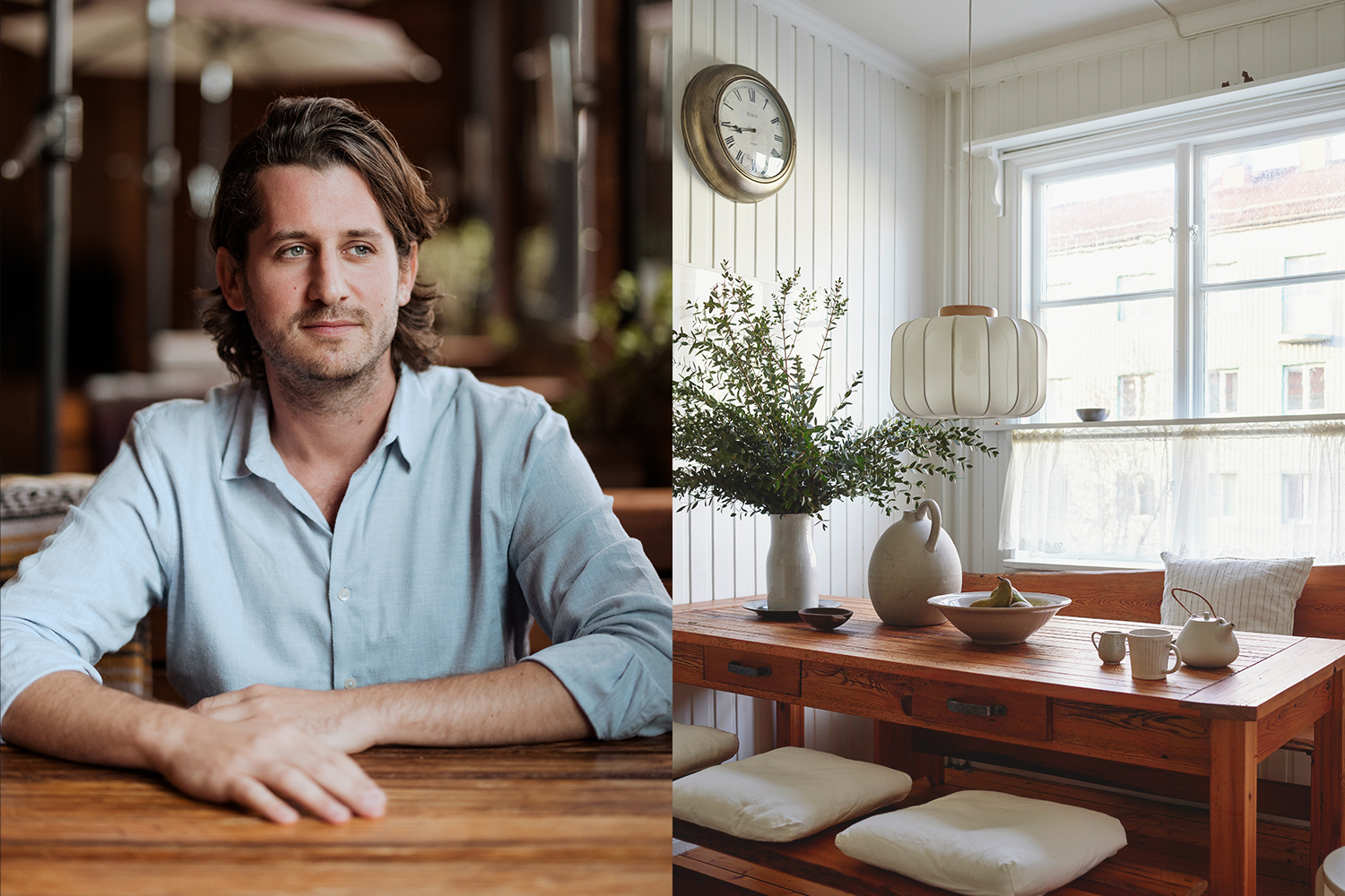 Left: Jake Kalick, co-founder of Made In. Right: a breakfast nook in a house.