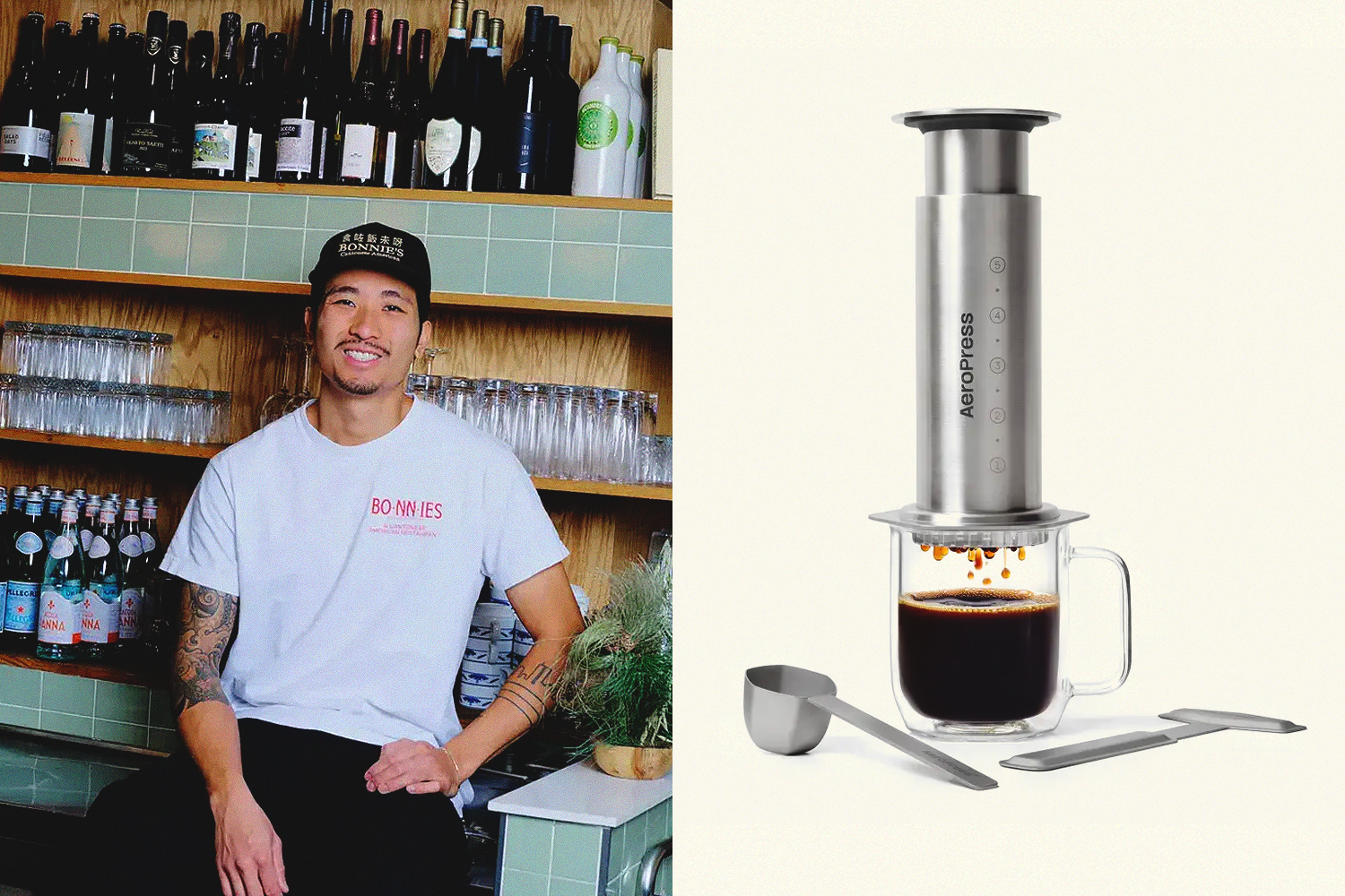 Left: Calvin Eng, chef and owner of Bonnie’s. Right: a stainless steel AeroPress.