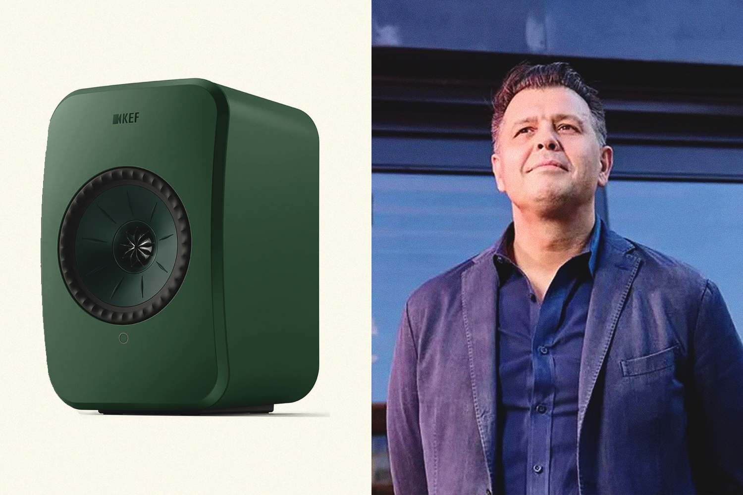 Left: green speakers from the brand KEF. Right: Simon Ford, founder of Fords Gin.