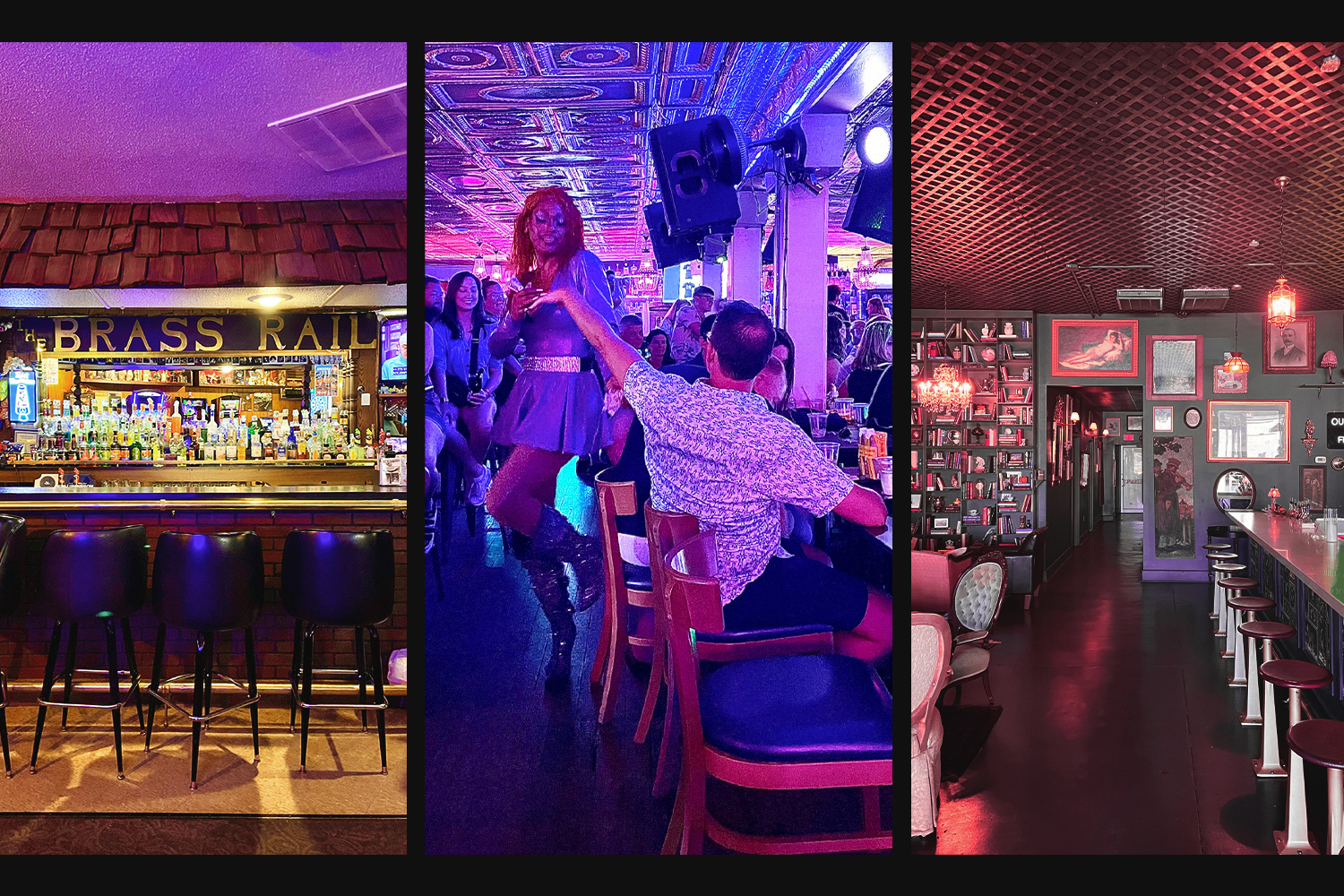 A triptych of gay bar scenes: an empty classic bar called The Brass Rail bathed in purple light, a drag performer in a miniskirt accepting a tip from a seated patron under blue stage lights, and a moody, art-lined cocktail bar with red accents and velvet seating.