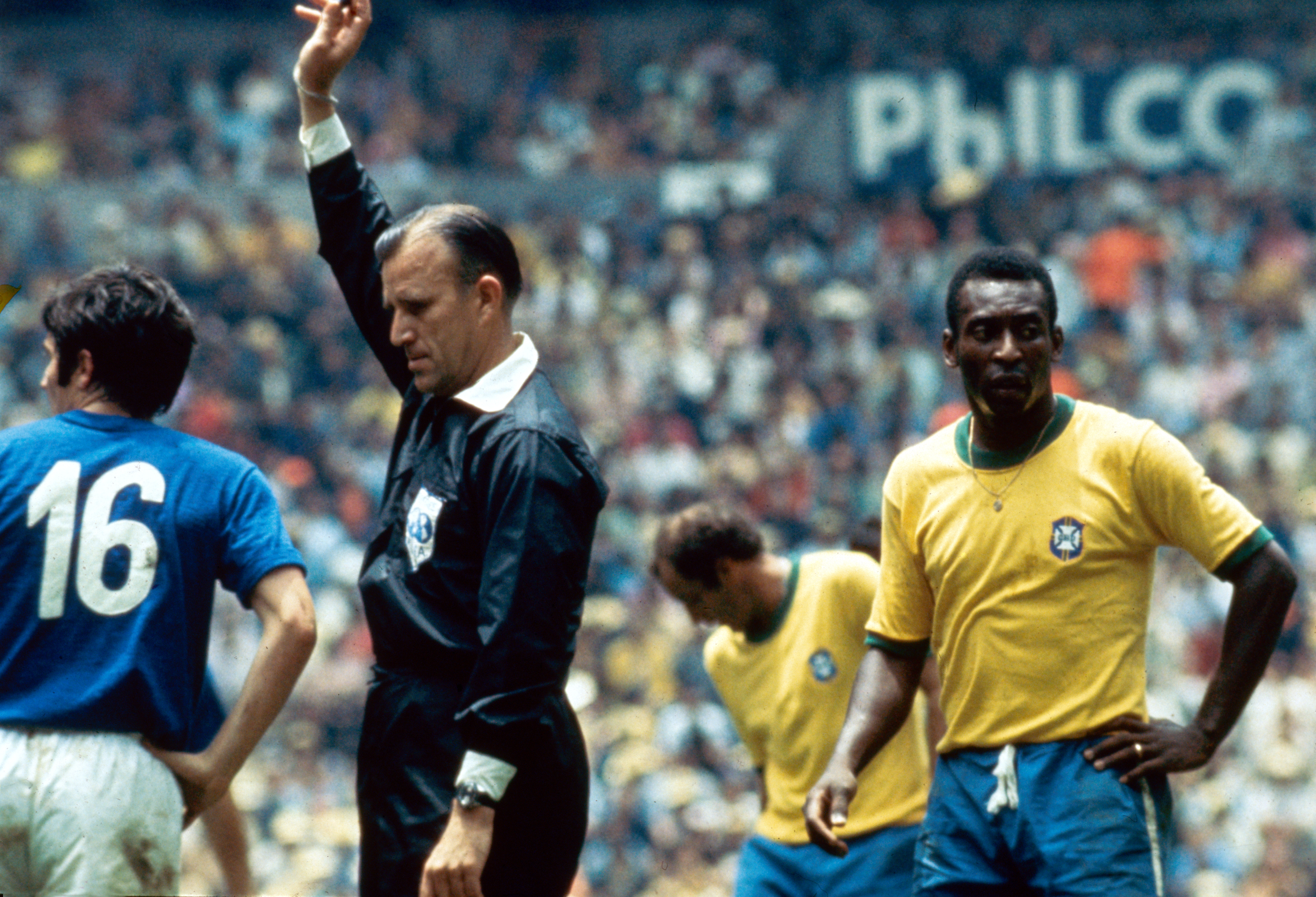 World Cup Final match at the Azteca Stadium in Mexico CityBrazil 4 v Italy 1Brazilian star Pele awarded a free kick by the referee June 1970 . (Photo by Mirrorpix via Getty Images)
