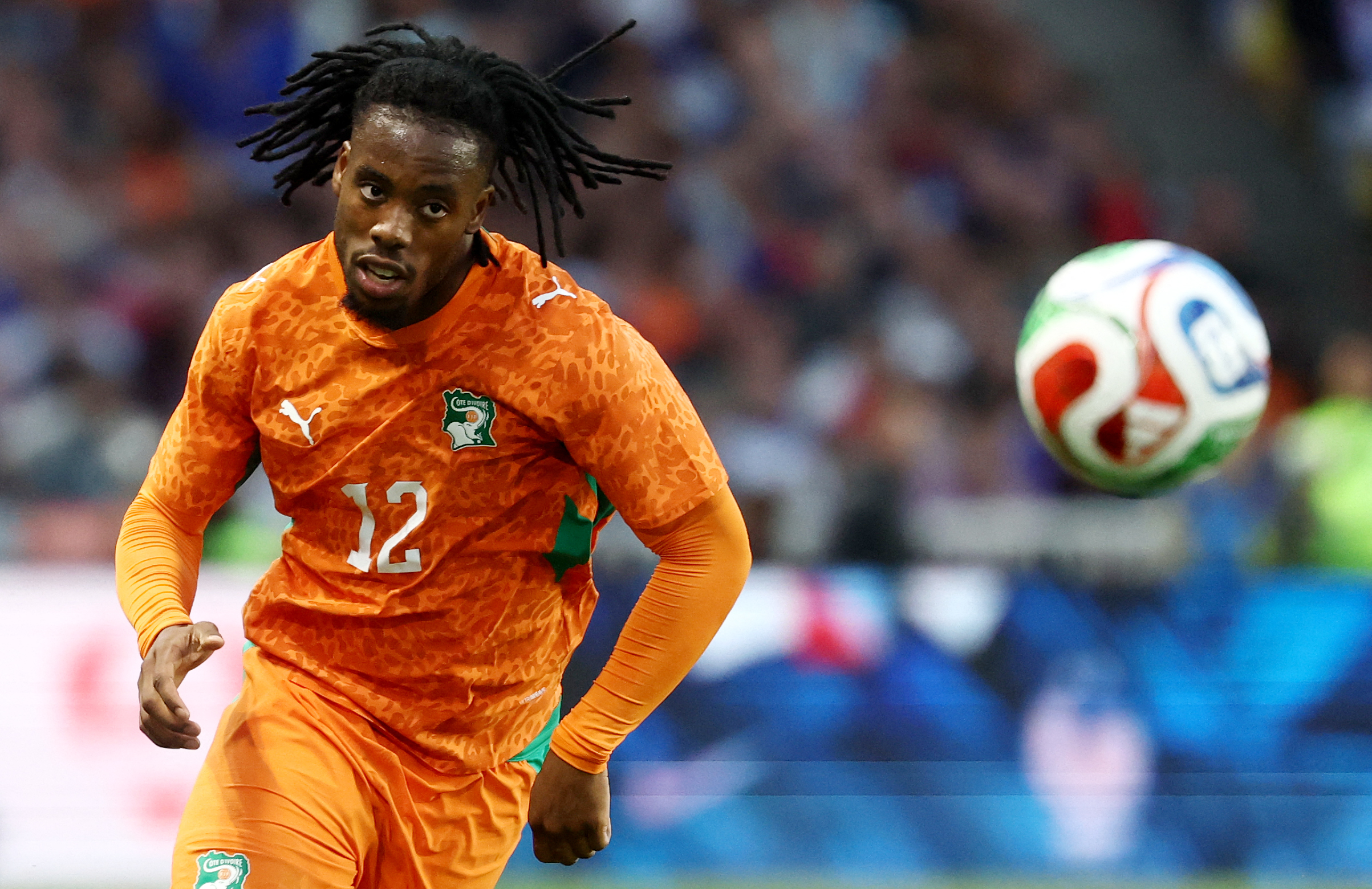 Ivory Coast's forward Elye Wahi eyes the ball during the international friendly football match between France and Ivory Coast ahead of the 2026 FIFA World Cup football tournament at the Stade de la Beaujoire in Nantes, western France, on June 4, 2026. (Photo by FRANCK FIFE / AFP via Getty Images)