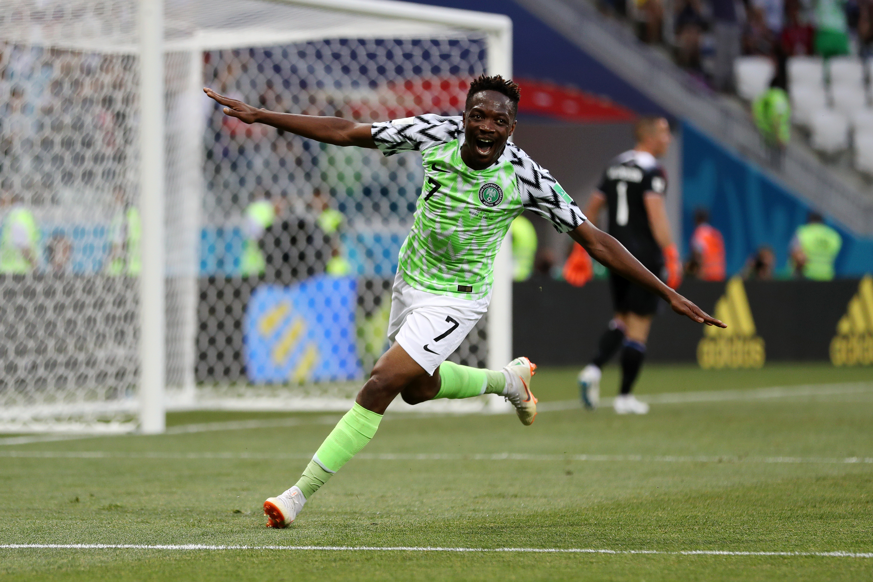 VOLGOGRAD, RUSSIA - JUNE 22: Ahmed Musa of Nigeria celebrates after scoring his team's second goal during the 2018 FIFA World Cup Russia group D match between Nigeria and Iceland at Volgograd Arena on June 22, 2018 in Volgograd, Russia. (Photo by Lars Baron - FIFA/FIFA via Getty Images)