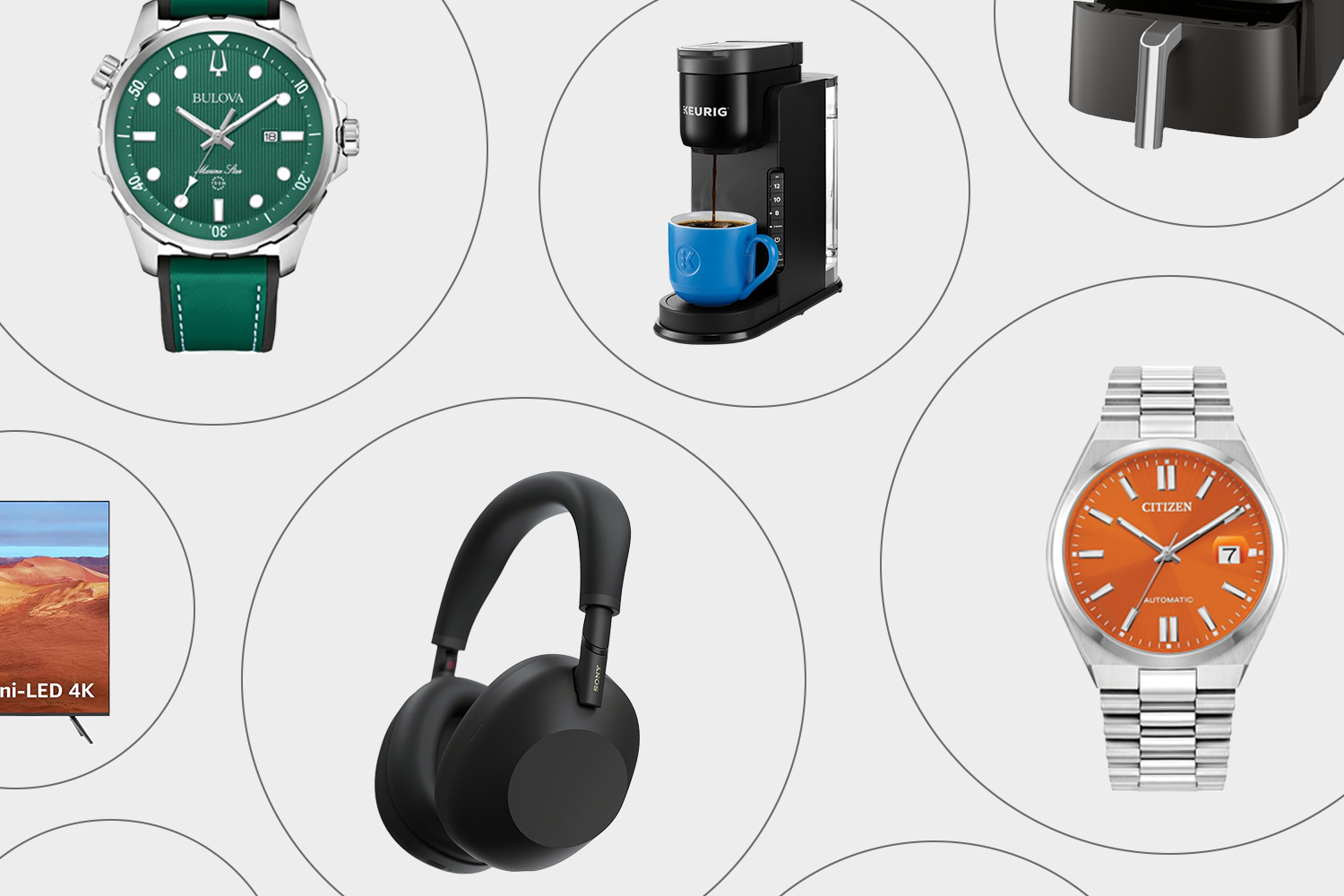 a collage of watches, a moka pot, headphones and a TV
