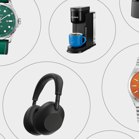 a collage of watches, a moka pot, headphones and a TV