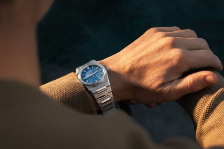 a model wearing the new Girard-Perregaux Laureato Fifty