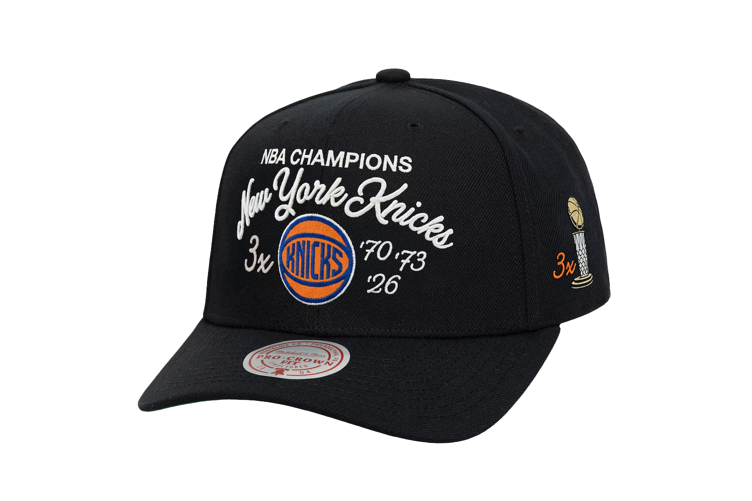 Mitchell & Ness New York Knicks Black Three-Time NBA Finals Champions Script Pro Snapback Hat