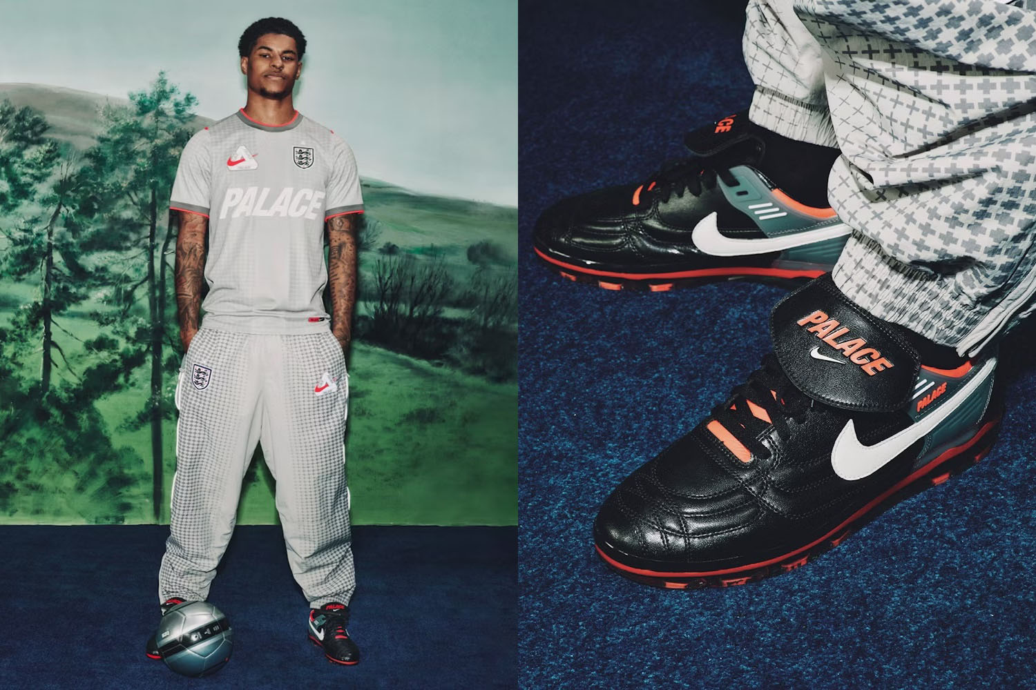 a model in Palace clothing and a close up of a Palace sneaker
