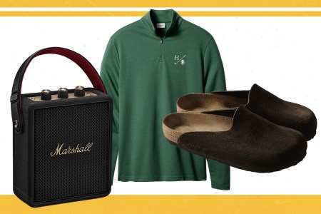 Product cut-outs of shoes, a sweater and a speaker.