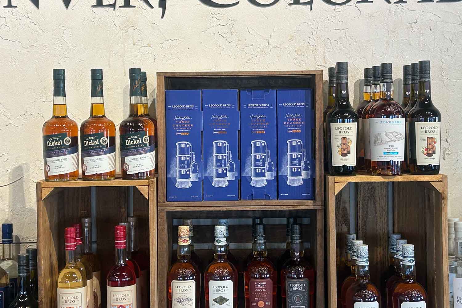 Three Chamber Leopold Bros products on a shelf