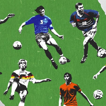 Players from various World Cup tournaments on a green background