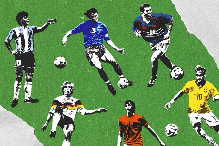 Players from various World Cup tournaments on a green background