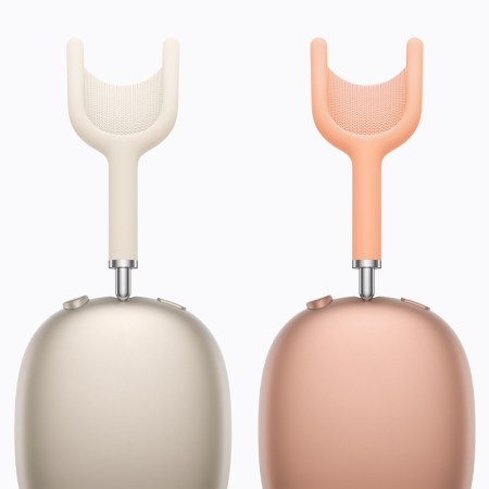 Four pairs of headphones shown from the side, including grey, tan, orange and purple colors