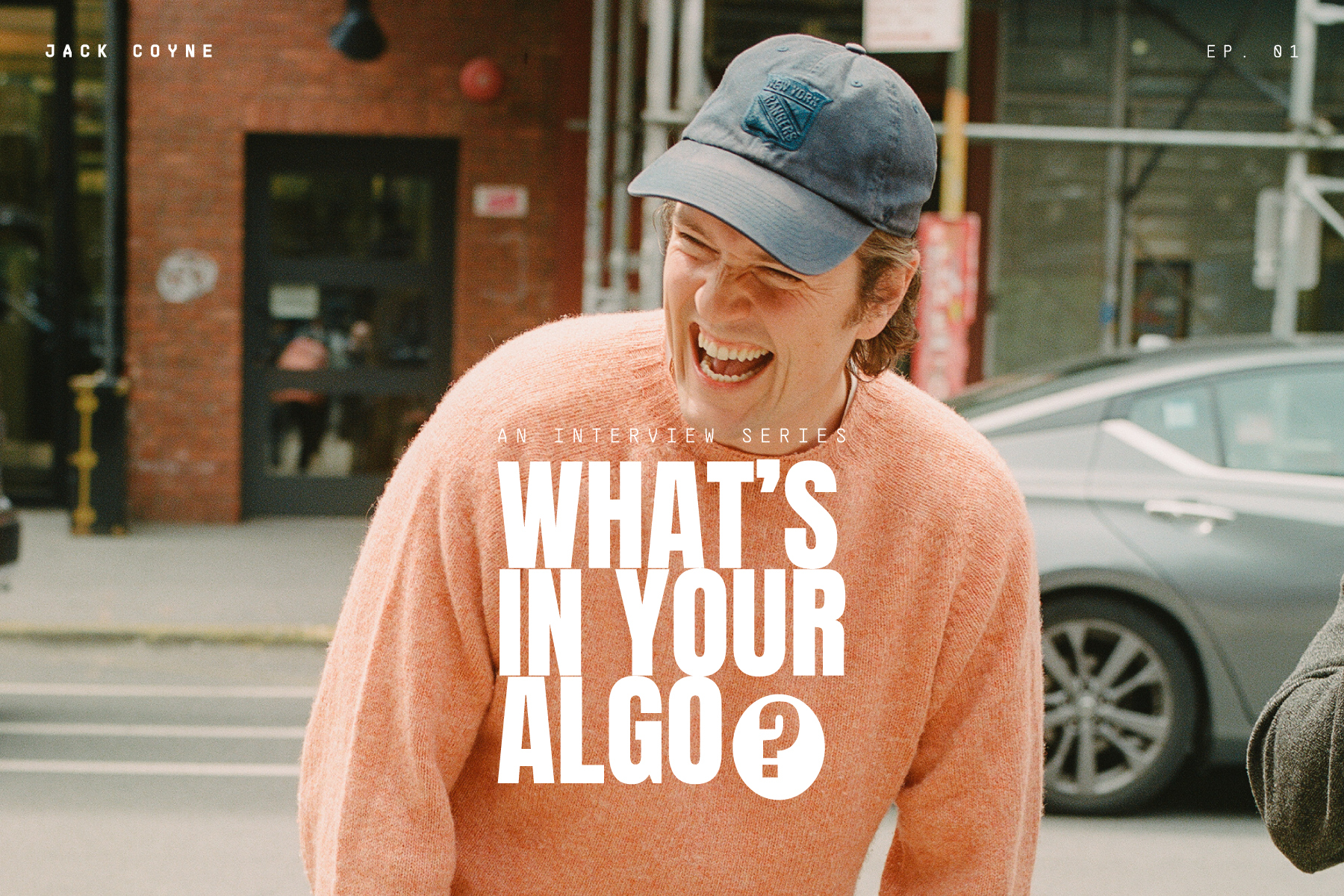 A man in a peach sweater with a New York Rangers baseball cap laughing, with the text "What's in Your Algo?" over the top