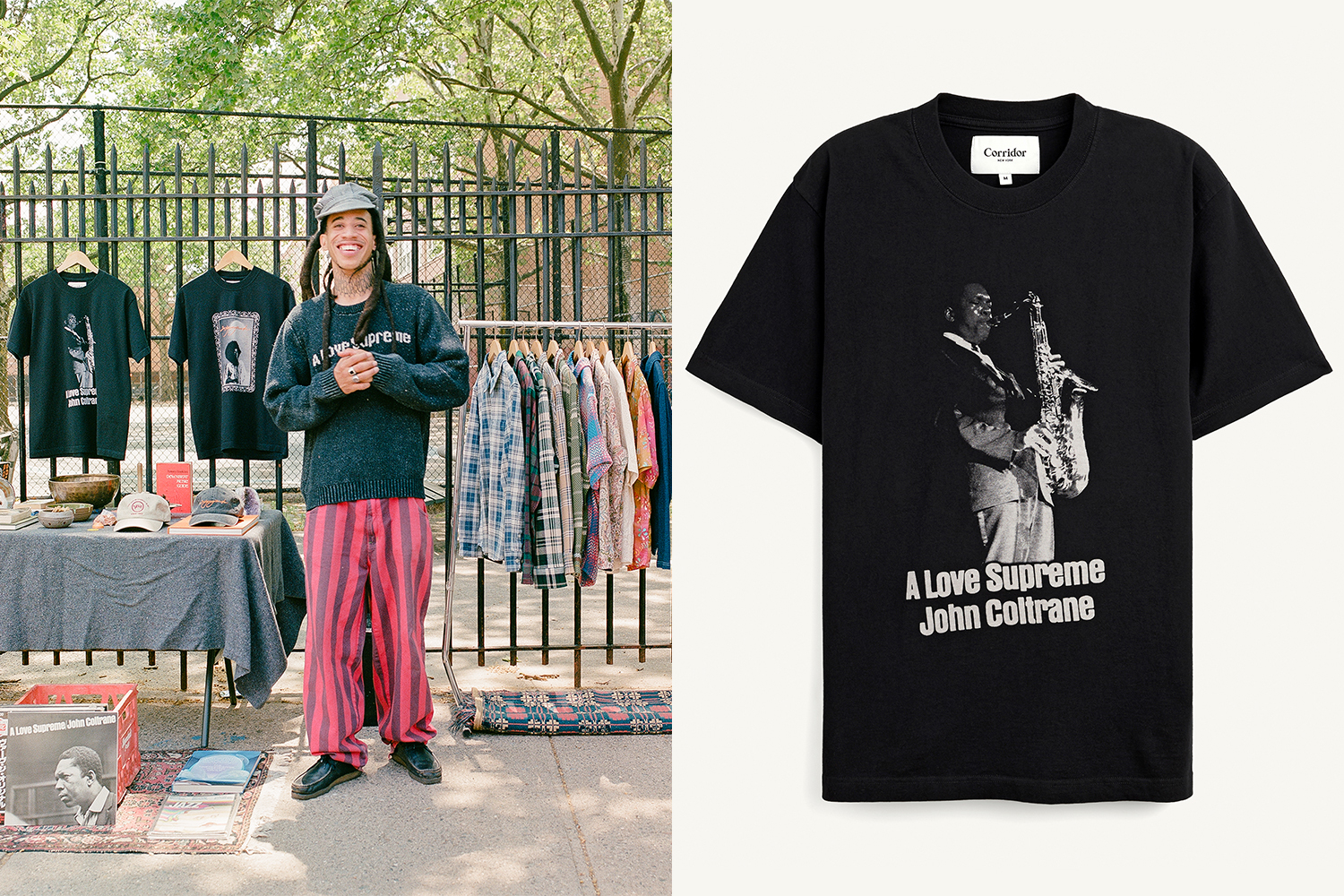 Left photo: a man in striped red pants stands in front of a street stall selling records and T-shirts. Right photo is a black T-shirt with John Coltrane on it.