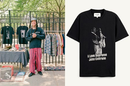 Left photo: a man in striped red pants stands in front of a street stall selling records and T-shirts. Right photo is a black T-shirt with John Coltrane on it.