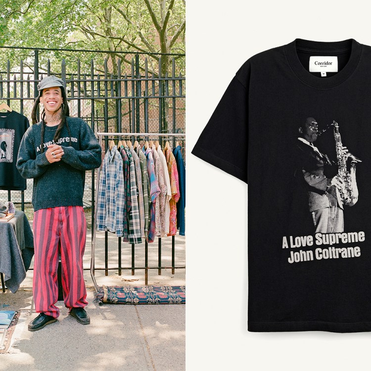 Left photo: a man in striped red pants stands in front of a street stall selling records and T-shirts. Right photo is a black T-shirt with John Coltrane on it.