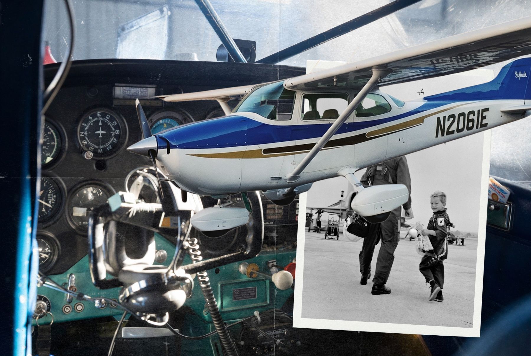 a collage with the inside of an airplane, a white and blue cessna and a dad and son in vintage flights clothes