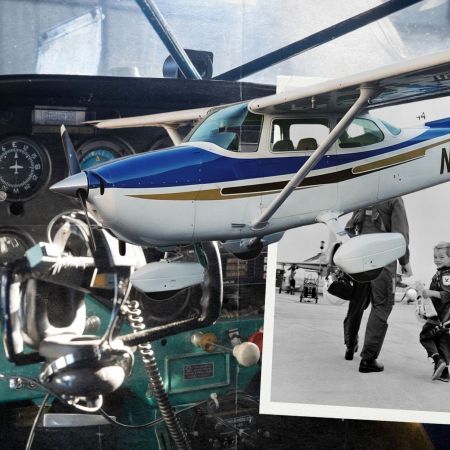 a collage with the inside of an airplane, a white and blue cessna and a dad and son in vintage flights clothes