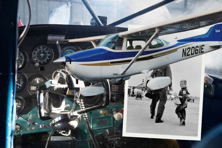 a collage with the inside of an airplane, a white and blue cessna and a dad and son in vintage flights clothes