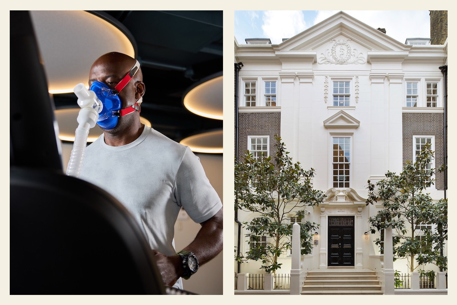 Side-by-side images of a man taking a VO2 max test and a swanky London address.