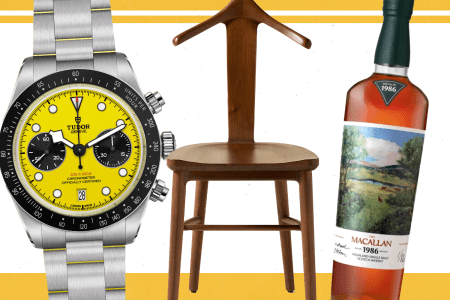 Product cut-outs of whiskey, a watch and a chair