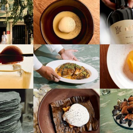 A collage of Mexico City dining highlights featuring Quintonil restaurant, fine-dining dishes, seafood, handmade tortillas, natural wine, cocktails and fresh shellfish.