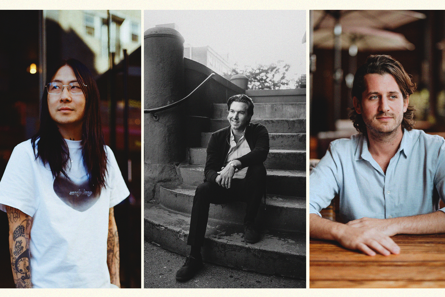 Three photos of different men, with Danny Bowien on the left, Hamilton Leithauser center and Jake Kalick on the right