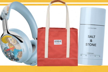 over ear headphones, an orange tote back and salt and stone deodorant