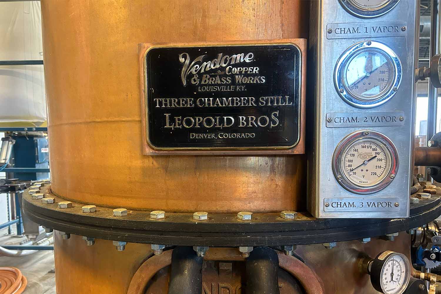 A close-up of the three-chamber still at Leopold Bros