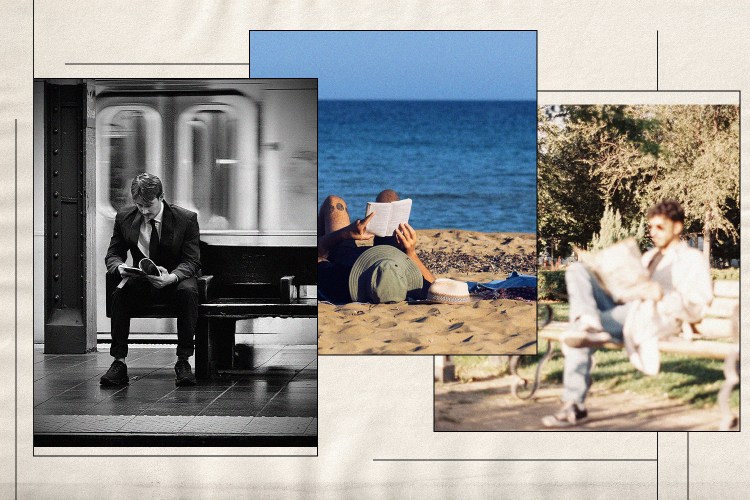 Collage of photos of men reading books