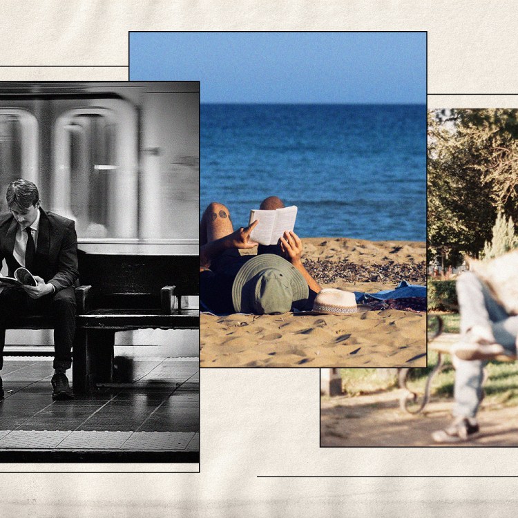 Collage of photos of men reading books