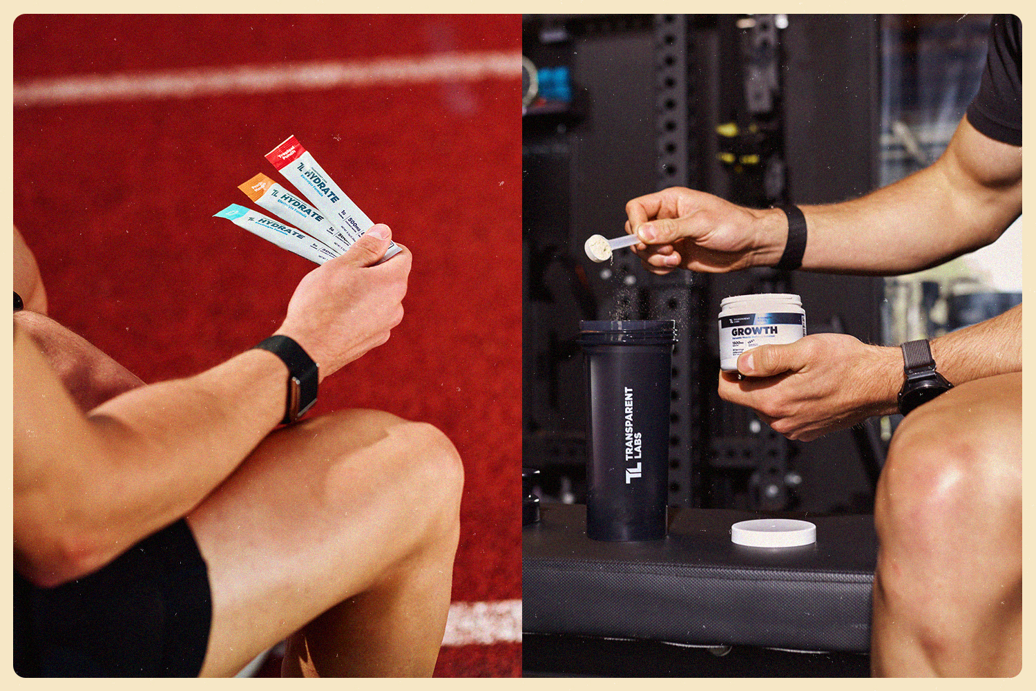 collage lifestyle images of a man holding three electrolyte packets and a man holding out a spoonful of powder mix at the gym