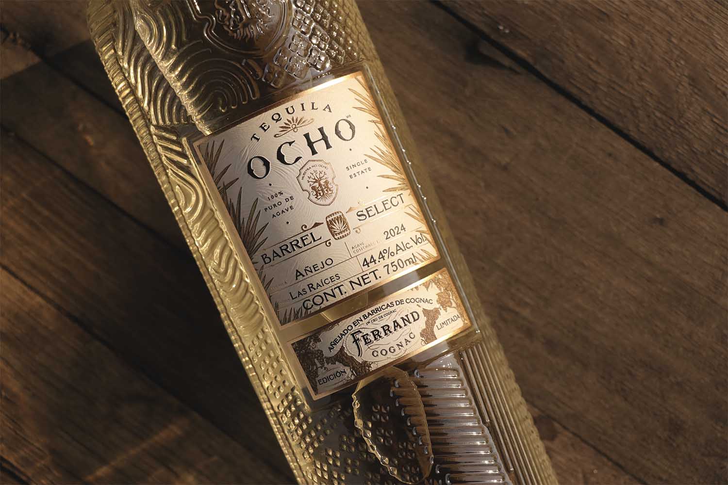 Tequila Ocho's latest is a collaboration with Ferrand Cognac, a close-up of the bottle