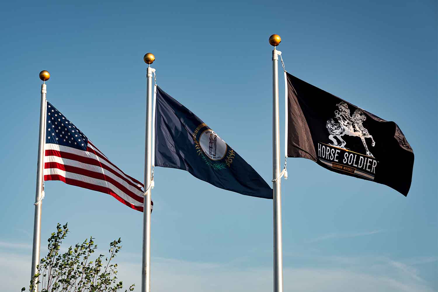 US, Kentucky and Horse Soldier flags outside of the distillery