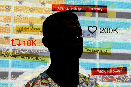 Silhouette of Cristiano Ronaldo overlaid with a viral tweet collage in the colors orange, blue, red and green