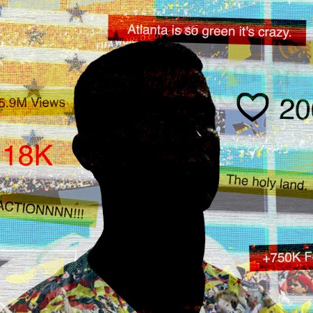 Silhouette of Cristiano Ronaldo overlaid with a viral tweet collage in the colors orange, blue, red and green
