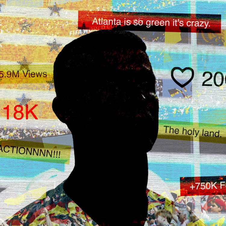 Silhouette of Cristiano Ronaldo overlaid with a viral tweet collage in the colors orange, blue, red and green