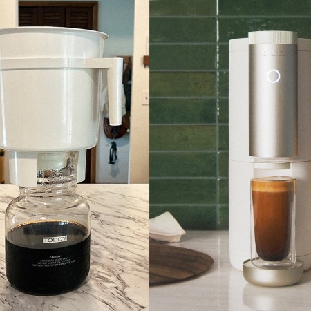 Left: a white plastic bucket with a handle sitting on a glass decanter with cold brew inside. Right: a coffee machine with a glass underneath holding nitro cold brew