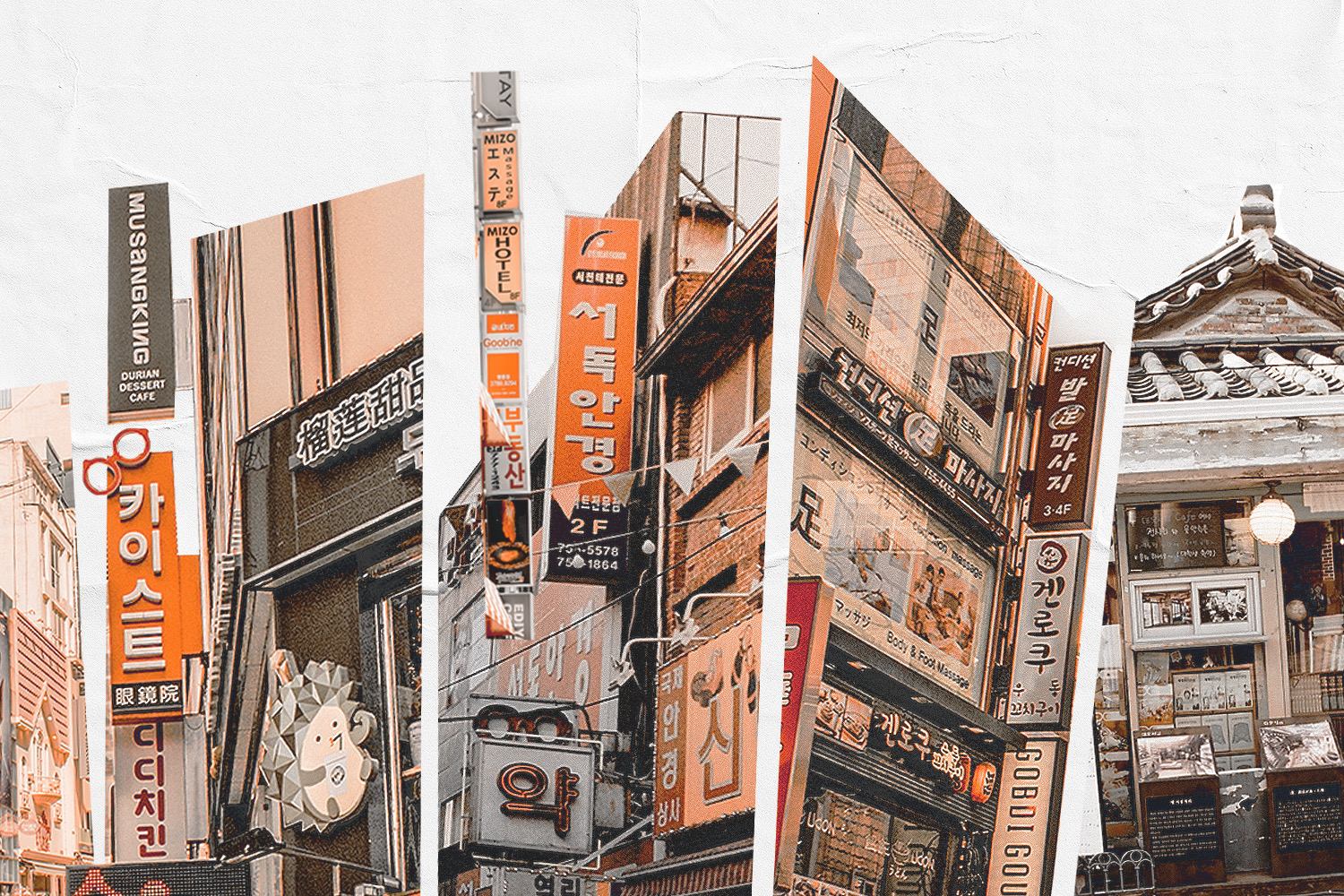 Stylized collage of Seoul streets featuring colorful Korean storefront signs, narrow shopping alleys and traditional architecture, highlighting the city's vibrant mix of modern retail districts and historic neighborhoods.