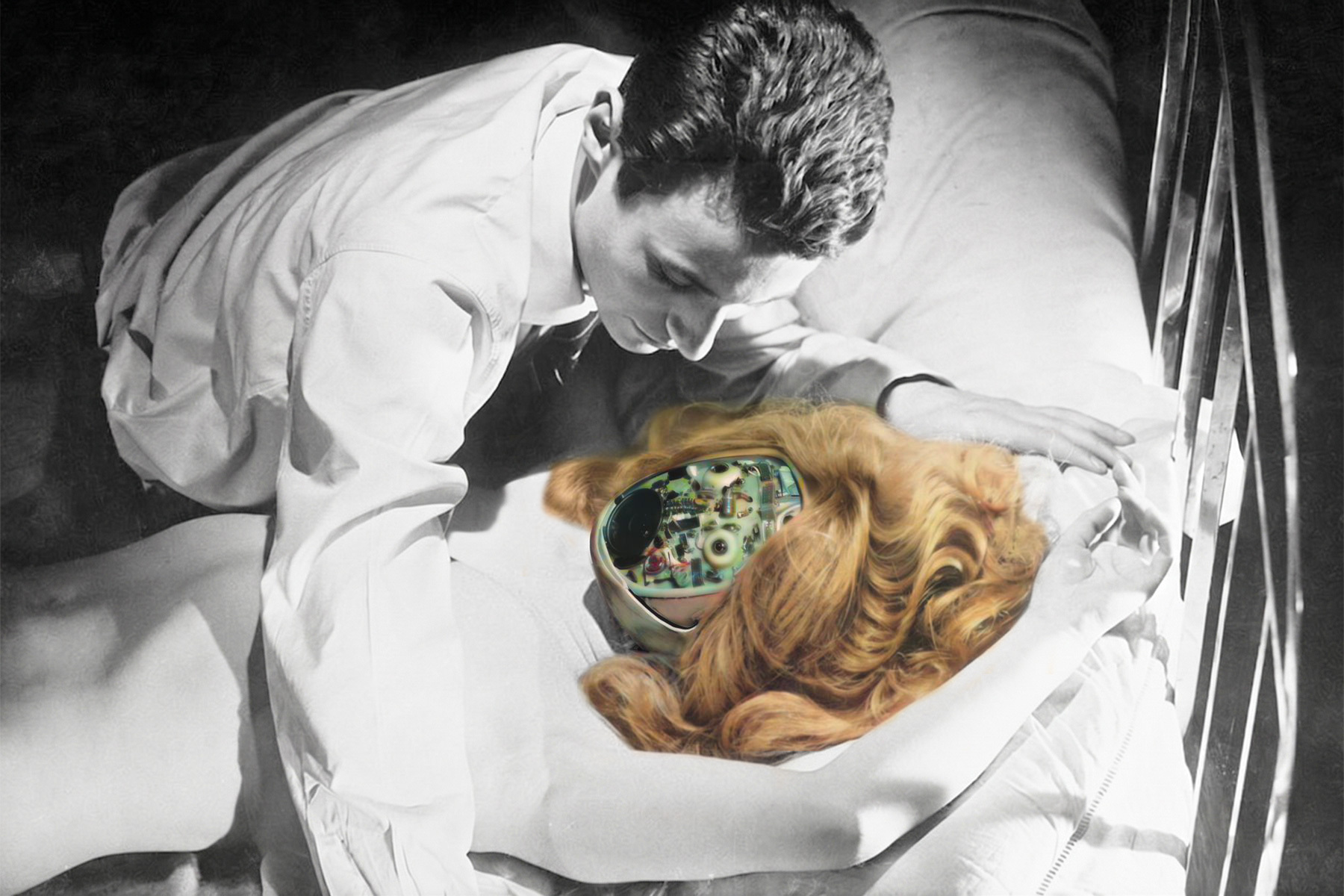 A black and white image of a man leaning over a woman on a bed, but the woman has a robotic head that is in full color