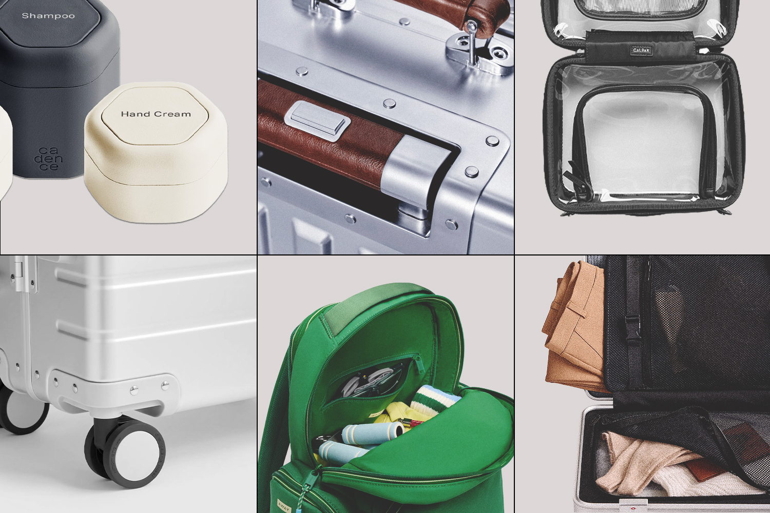 A collage of pictures of travel gear: small capsules in white and grey, aluminum carry-on suitcases, a green backpack and a clear toiletry case