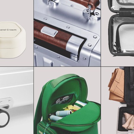 A collage of pictures of travel gear: small capsules in white and grey, aluminum carry-on suitcases, a green backpack and a clear toiletry case