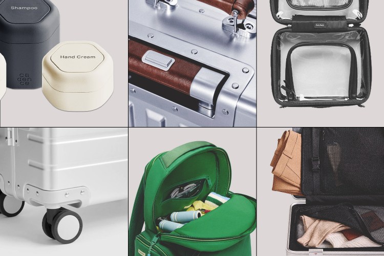 A collage of pictures of travel gear: small capsules in white and grey, aluminum carry-on suitcases, a green backpack and a clear toiletry case