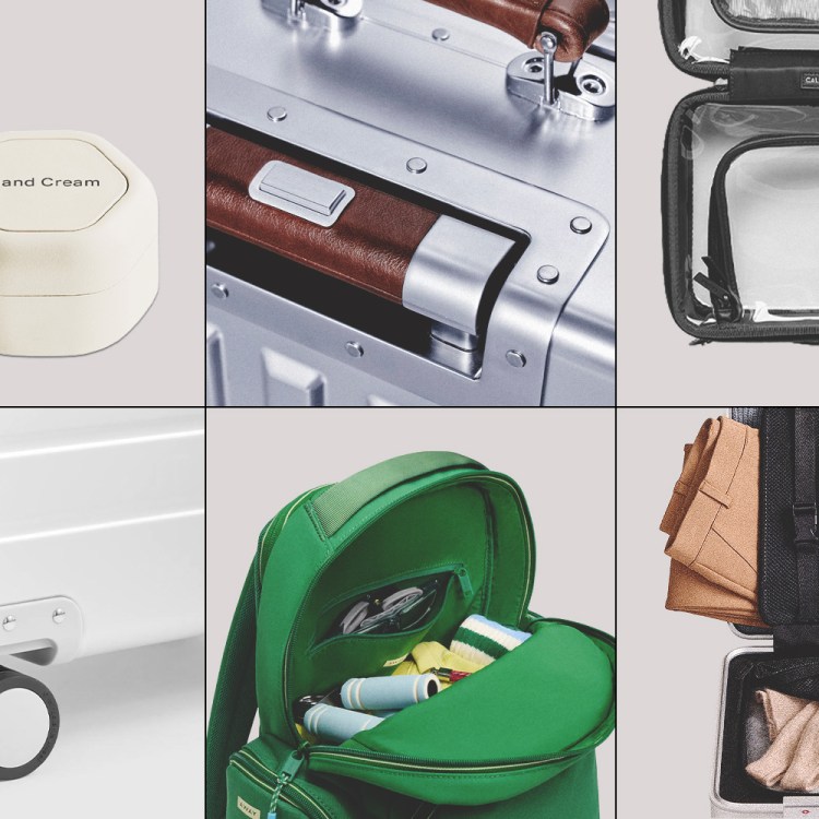 A collage of pictures of travel gear: small capsules in white and grey, aluminum carry-on suitcases, a green backpack and a clear toiletry case