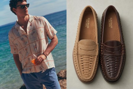 A split image of a model wearing a white shirt and blue shorts and two woven loafers in tan and brown.