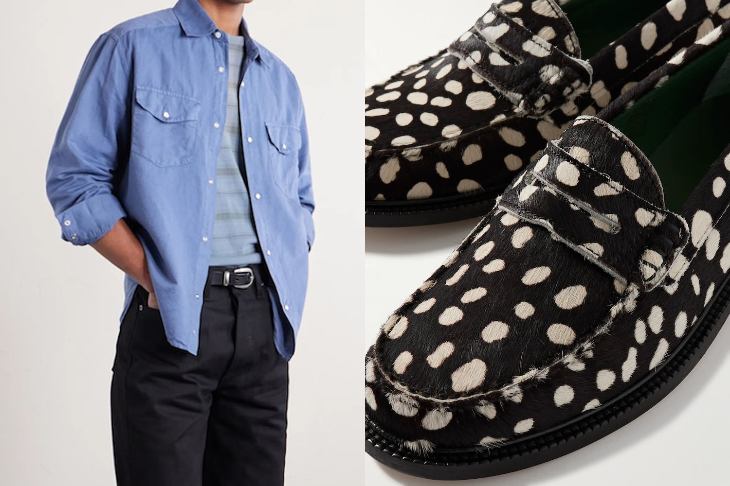 Two side-by-side photos of navy and brown summer menswear.